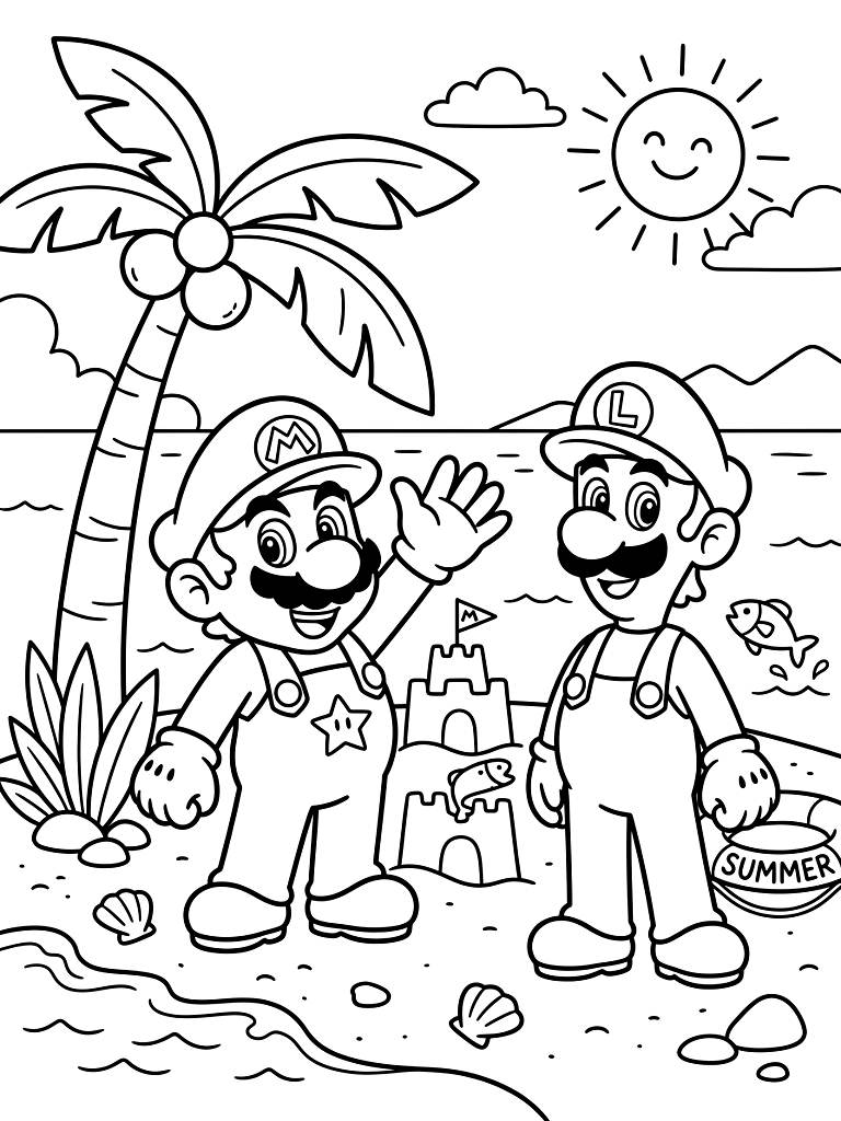 Super Mario Summer Adventures coloring page — free printable for kids and adults