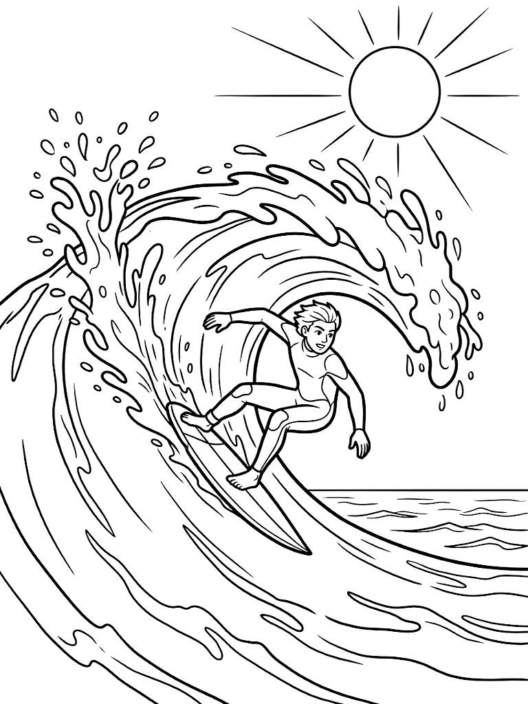 Surfer Carving A Sharp Turn On A Massive Ocean Wave With Water Spray Flying Into The Air Under A Bright Summer Sun Coloring Page