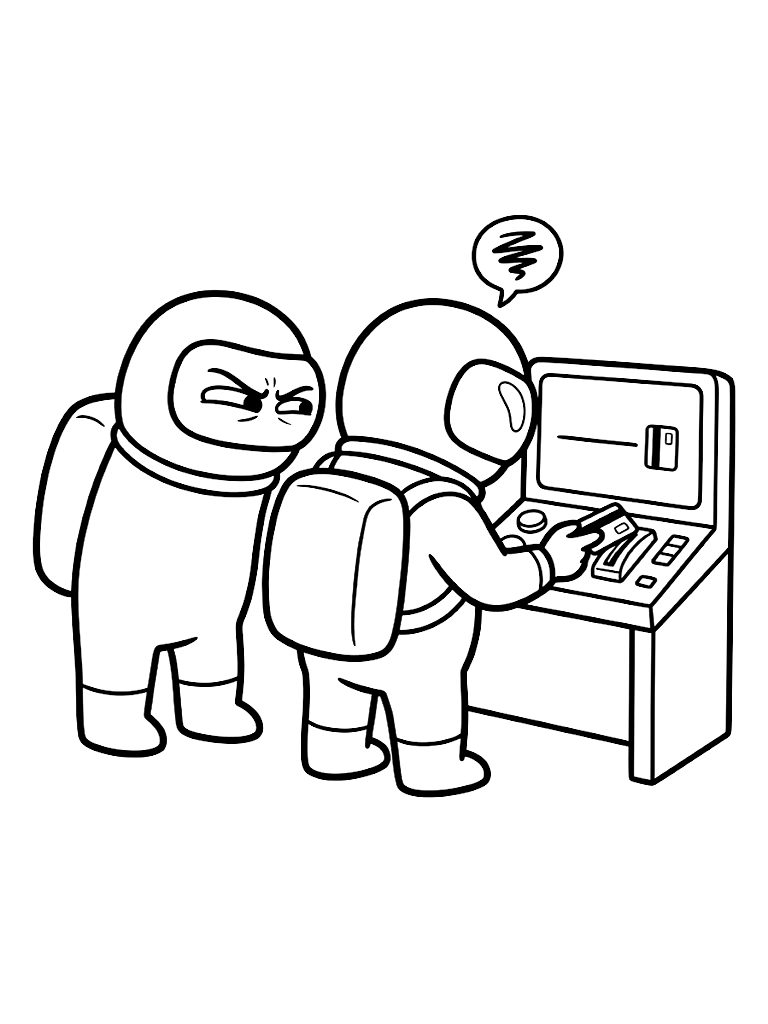 Suspicious Among Us Crewmate Closely Watching Another Player Attempt The Frustrating Swipe Card Task At The Admin Console coloring page — free printable for kids and adults