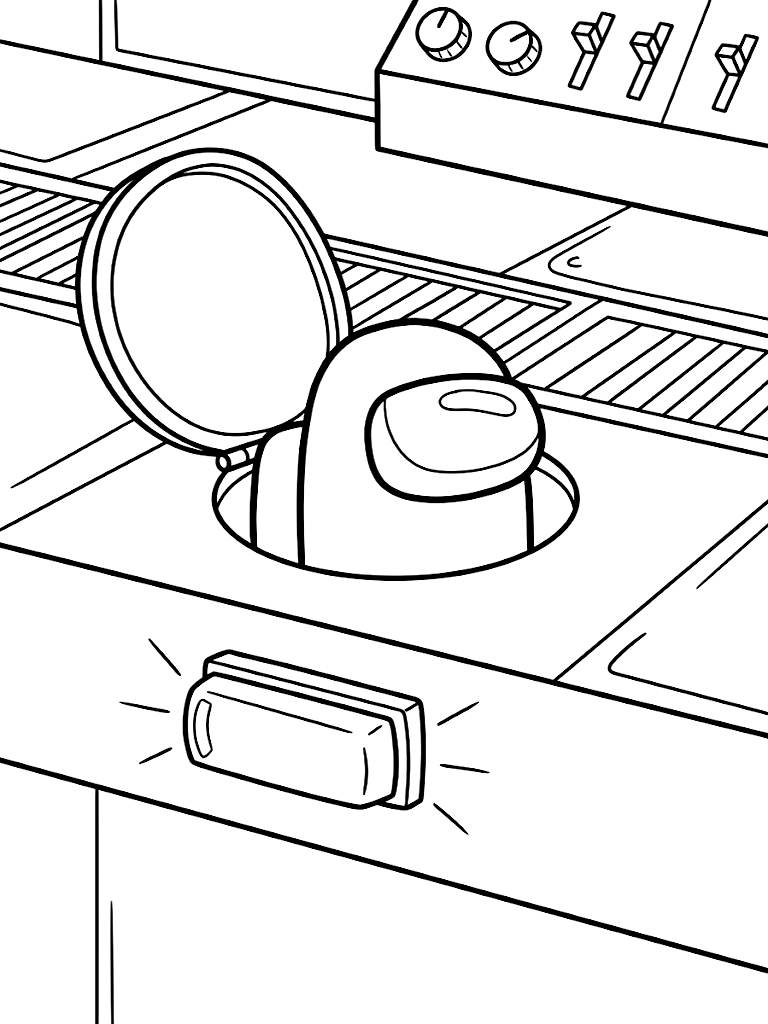 Suspicious Among Us Crewmate Peeking Out From An Open Metal Floor Vent In The Electrical Room With A Glowing Red Emergency Light Coloring Page