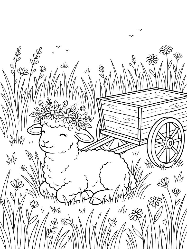Sweet Baby Lamb Wearing A Delicate Spring Flower Crown Resting In Tall Grassy Pasture Beside A Vintage Wooden Cart coloring page — free printable for kids and adults