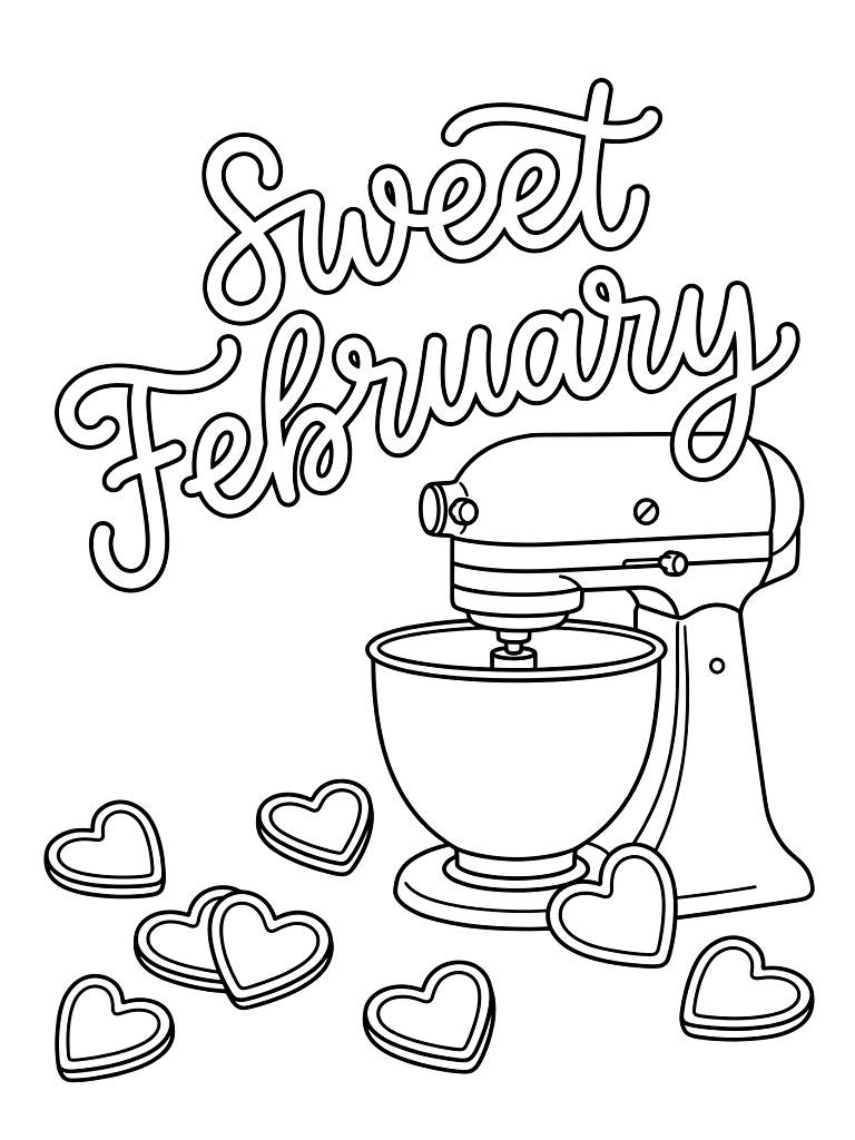 Sweet February Typography Piped In Icing Next To A Vintage Stand Mixer And Scattered Heart-Shaped Sugar Cookies Coloring Page