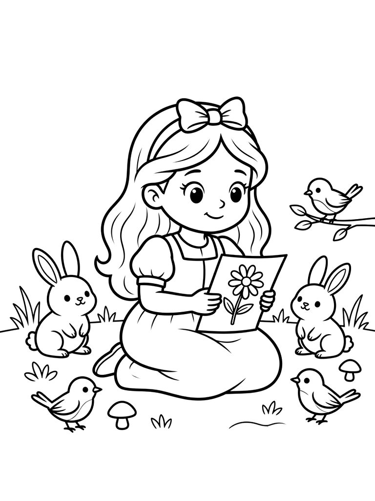 Sweet Snow White Sitting In A Cozy Forest Glade Surrounded By Friendly Woodland Rabbits And Bluebirds Holding A Wild Daisy coloring page — free printable for kids and adults