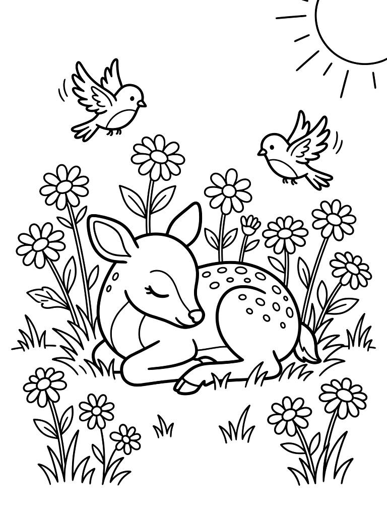 Sweet Spotted Fawn Curled Up Asleep In A Sunlit Meadow Surrounded By Blooming Wild Daisies And Fluttering Bluebirds Coloring Page