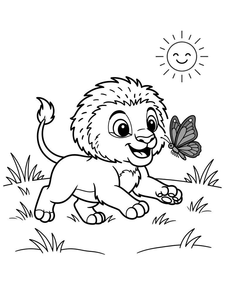 Sweet Young Cub Simba Playfully Pouncing On A Fluttering Tropical Blue Butterfly In A Lush Grassy Field Under The Pride Lands Sun coloring page — free printable for kids and adults