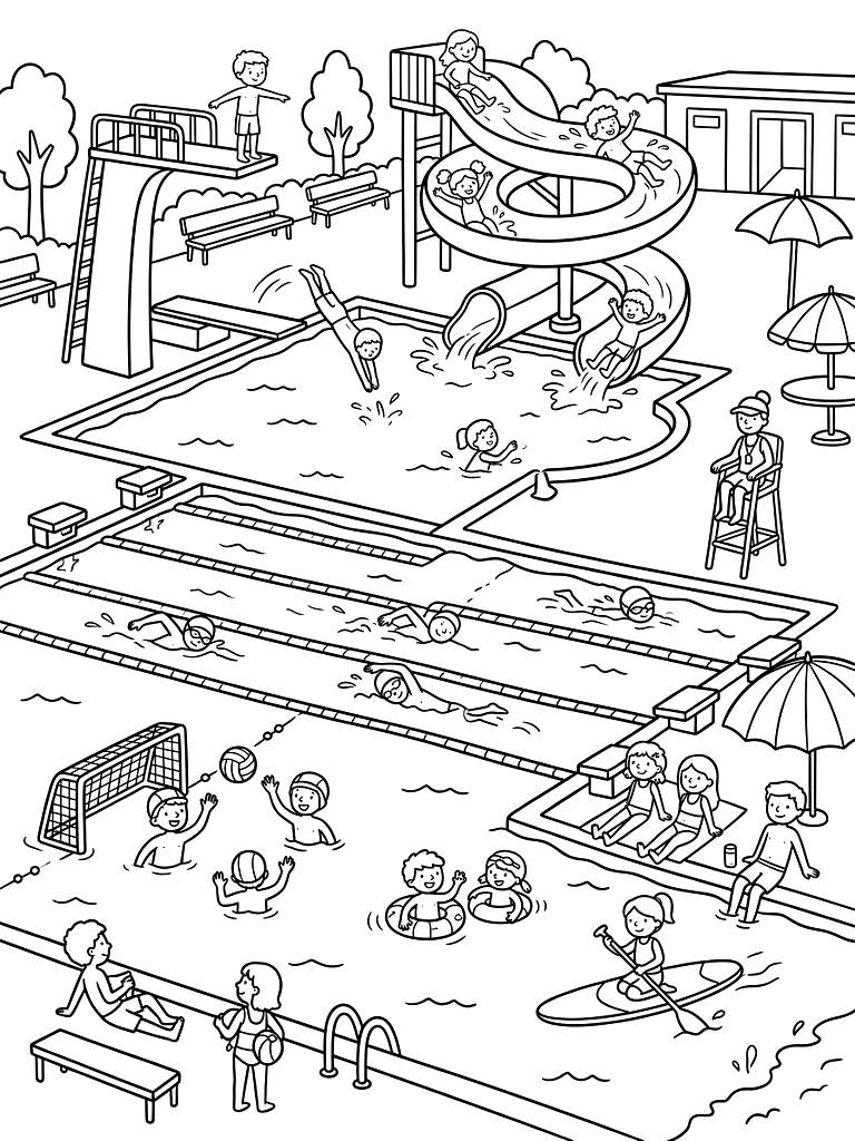 Swimming Pools And Water Sports Activities Coloring Page