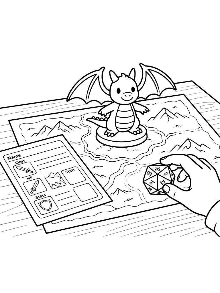 Tabletop Gaming Scene With A 20-sided Die Coloring Page
