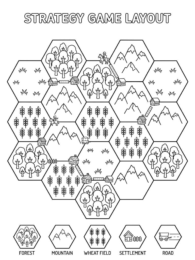 Tabletop Strategy Game Layout Featuring Interlocking Hexagonal Tiles Representing Forests Mountains And Wheat Fields With Tiny Wooden Settlements Coloring Page