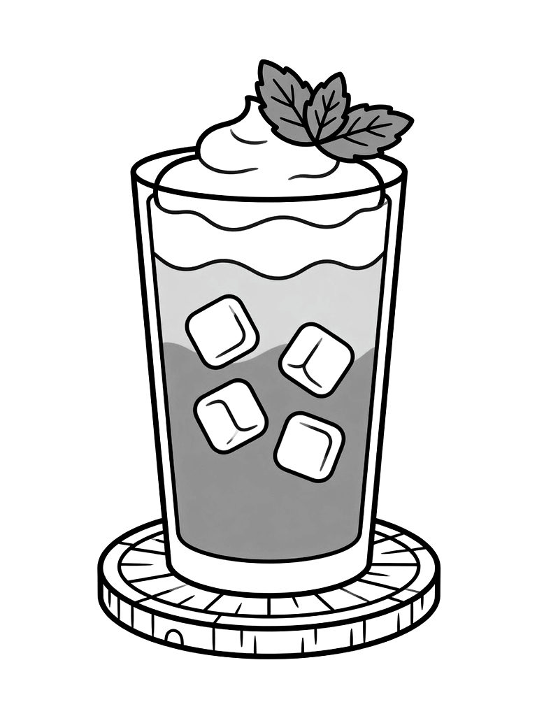 Tall Glass Of Iced Matcha Latte With A Layer Of Cream And A Sprig Of Mint On A Wooden Coaster Coloring Page