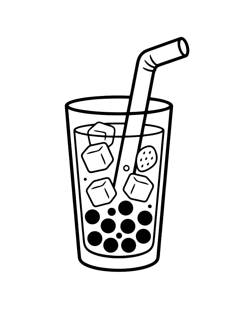 Tall Glass Of Iced Strawberry Boba Tea With A Thick Straw And Ice Cubes Coloring Page — free printable for kids and adults