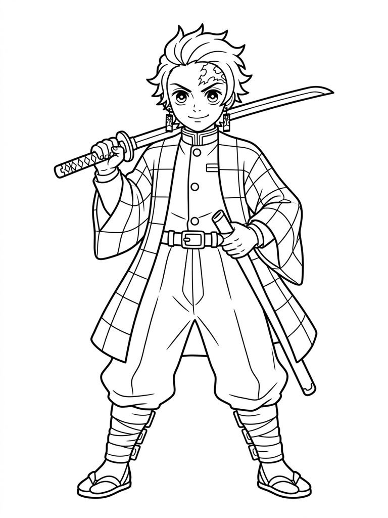 Tanjiro Kamado With Sword / Iconic Pose Coloring Page
