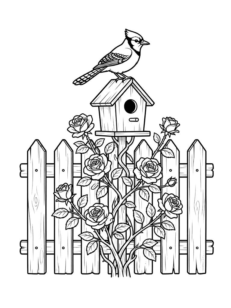 Tea Rose Bush Climbing A Weathered White Picket Fence With A Birdhouse And A Blue Jay Perched On Top Coloring Page
