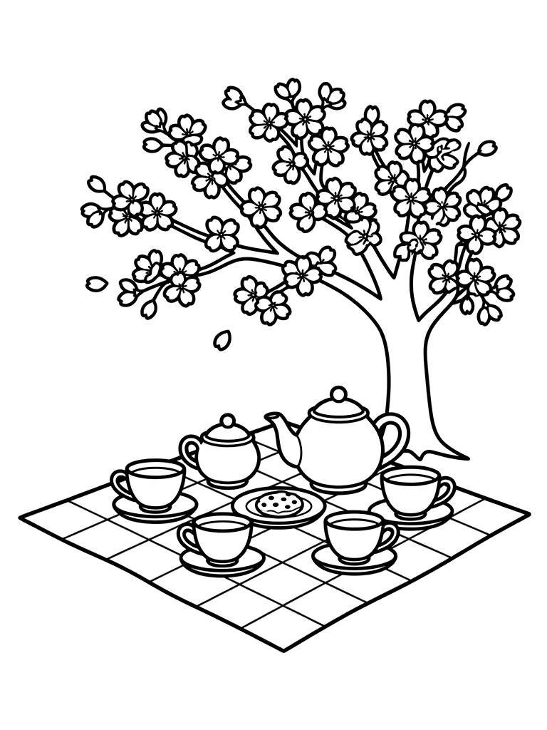 Tea Set On A Checked Blanket Under A Blossoming Cherry Tree Coloring Page