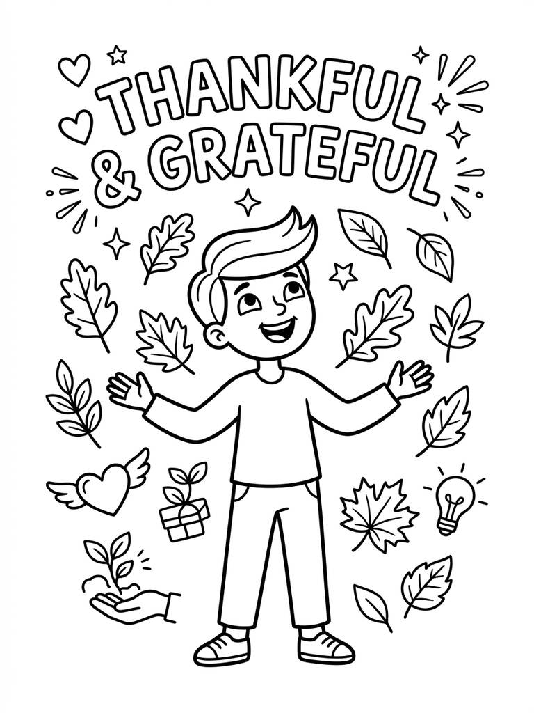 Thankful & Grateful Scenes With Leaves & Symbols Coloring Page