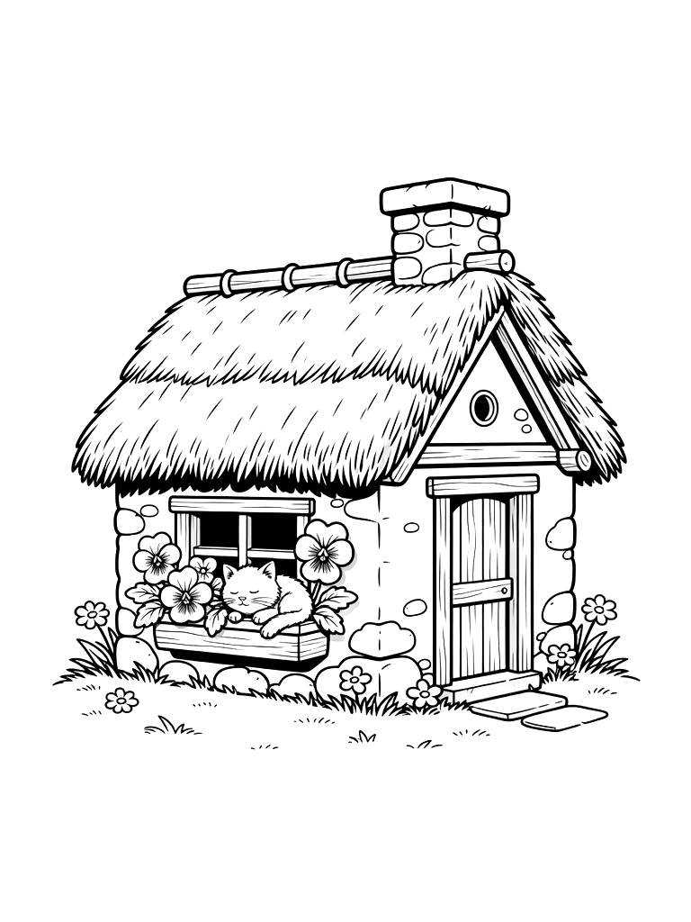 Thatch-roof Cottage With A Window Box Overflowing With Purple Pansies And A Sleeping Cat Coloring Page — free printable for kids and adults