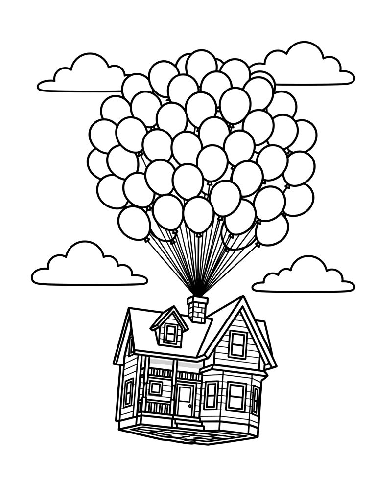 Colorful House From The Movie Up Floating High In The Sky Carried By A Giant Cluster Of Detailed Round Balloons Above The Clouds Coloring Page