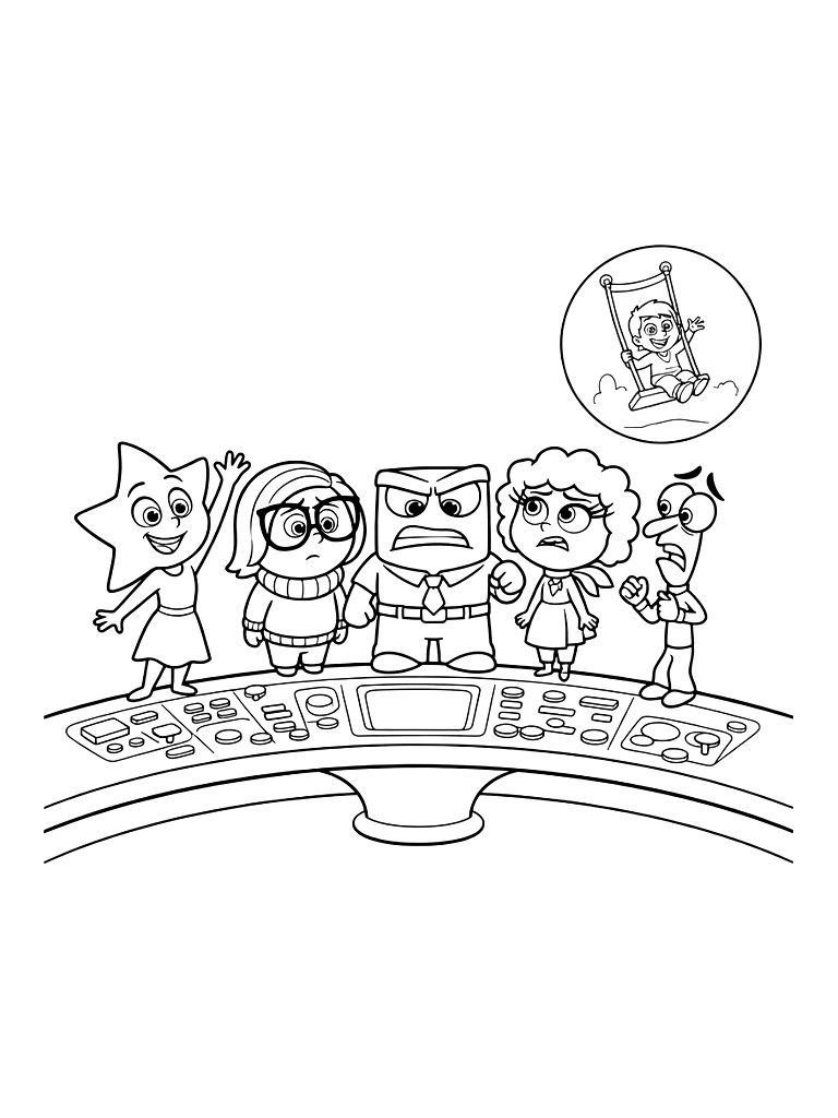 Control Panel From Inside Out With The Core Emotions Watching A Memory Orb Coloring Page — free printable for kids and adults