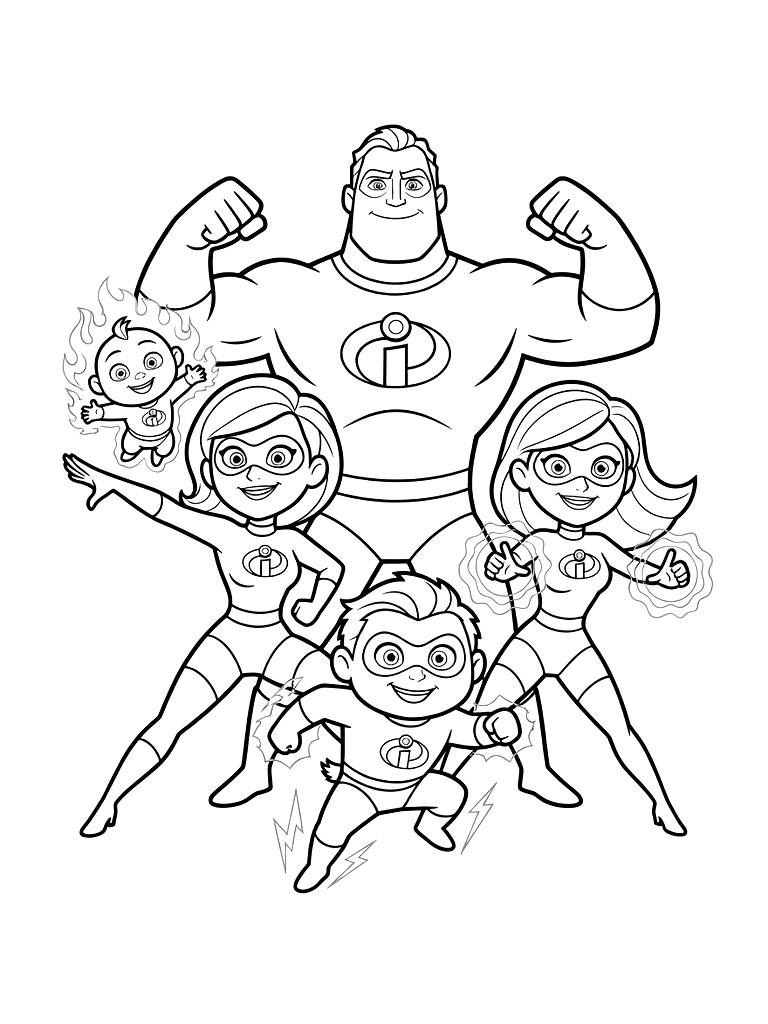 Incredibles Family Superhero Pose Coloring Page