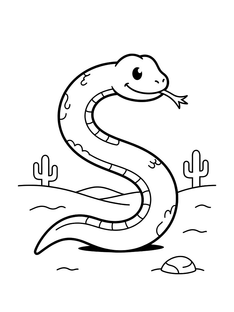 Letter S Designed As A Long Slithering Snake In A Desert Landscape Coloring Page — free printable for kids and adults