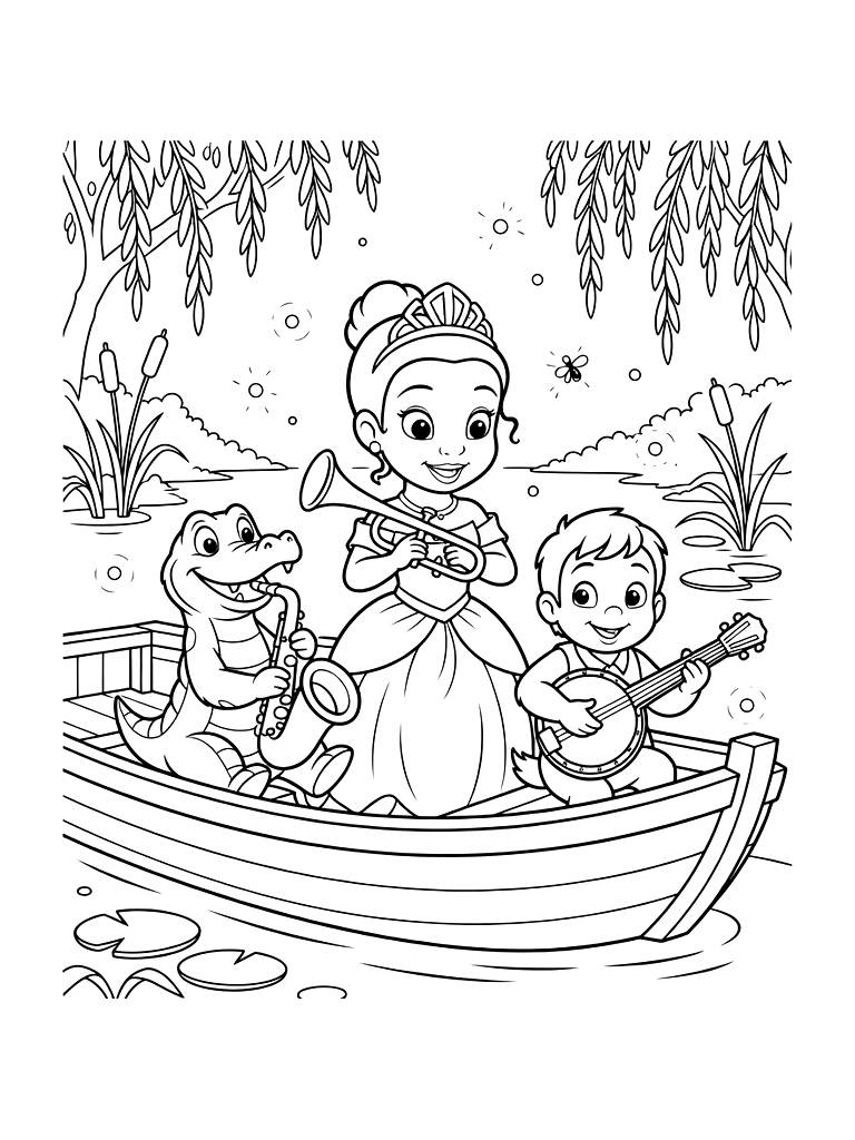 Tiana And Her Friends On A Riverboat In The Bayou With Fireflies And Jazz Instruments Coloring Page