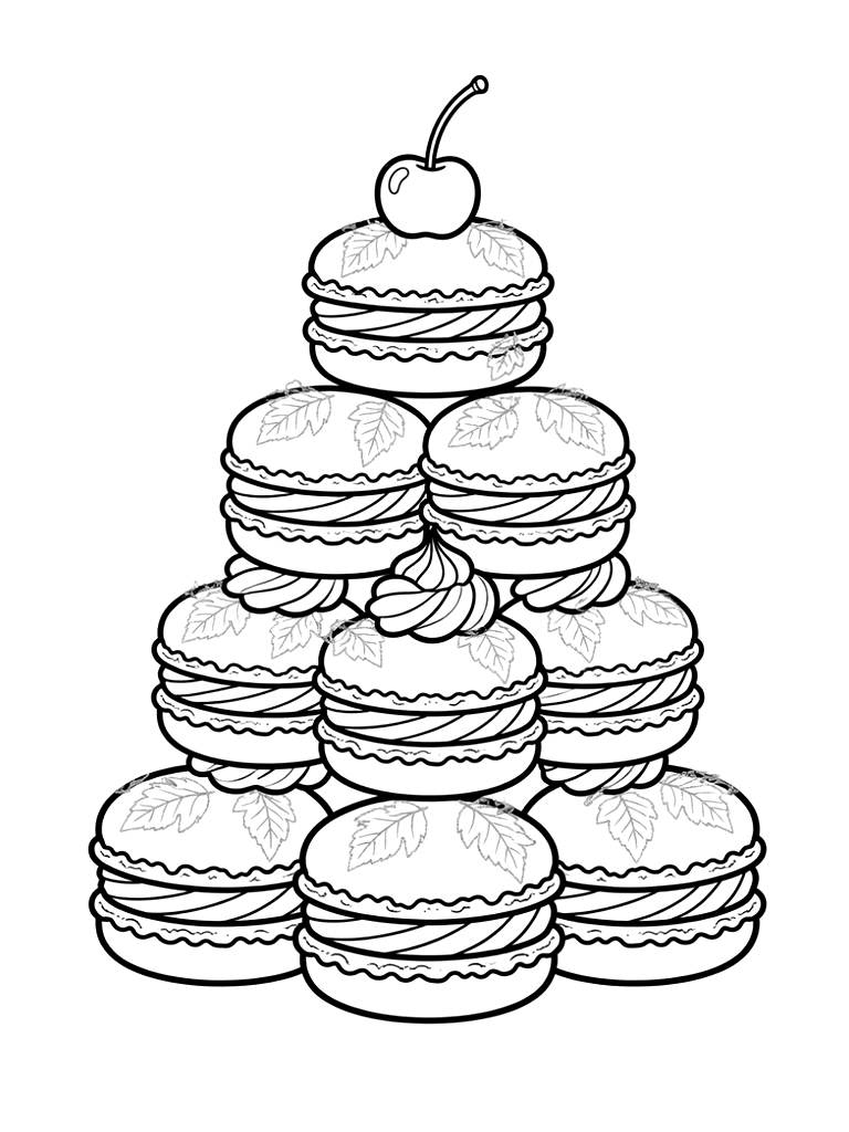 Tiered Pastel Macaron Tower Decorated With Edible Gold Leaf Coloring Page — free printable for kids and adults