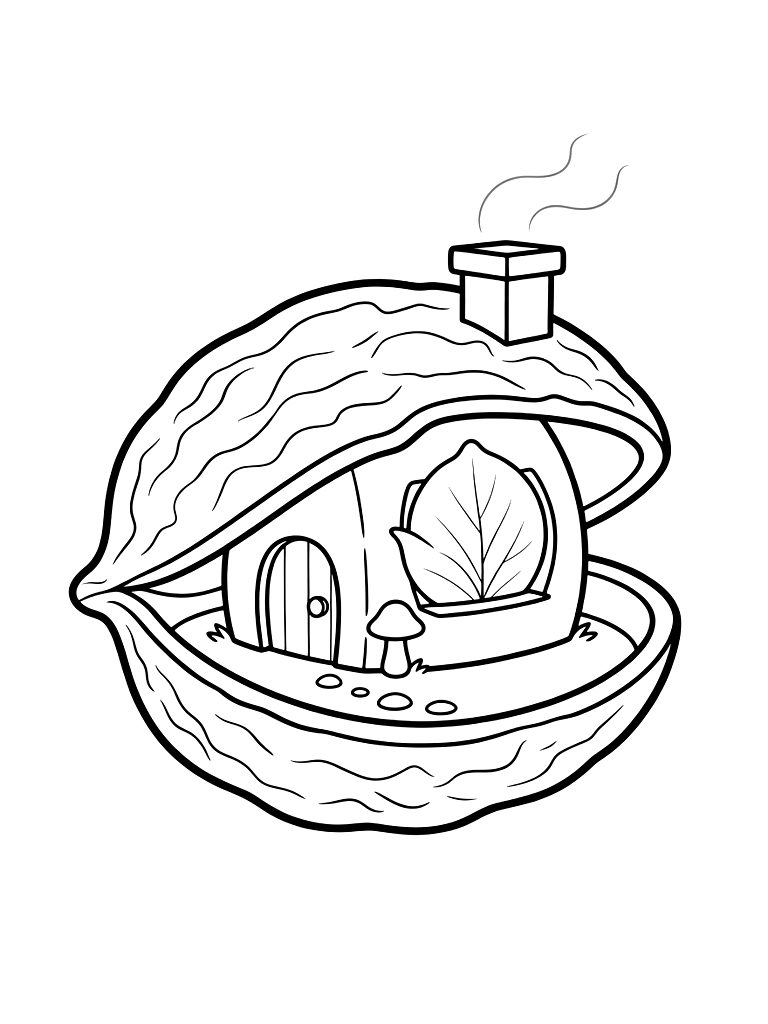 Tiny Cottage Built Inside A Giant Walnut Shell With A Window Made Of A Translucent Petal Coloring Page