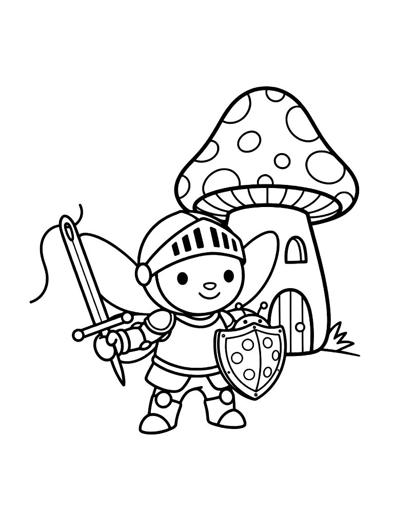 Tiny Fairy Knight Guarding A Red Toadstool Castle With A Needle Sword And A Ladybug Shield Coloring Page — free printable for kids and adults