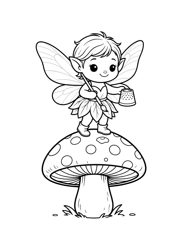 Tiny Fairy Painting Polka Dots On A Red Toadstool With A Thimble Of Paint Coloring Page — free printable for kids and adults