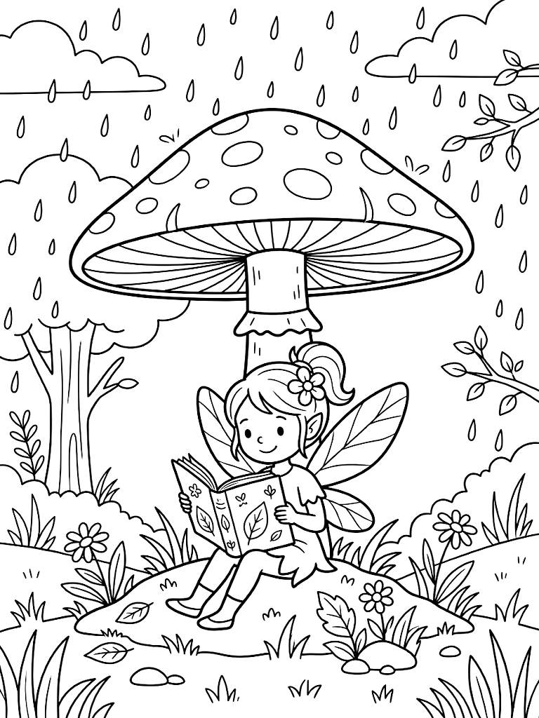 Tiny Fairy Sitting Under A Wide Toadstool Umbrella Reading A Book Made Of Leaves During A Gentle Spring Rain Shower Coloring Page