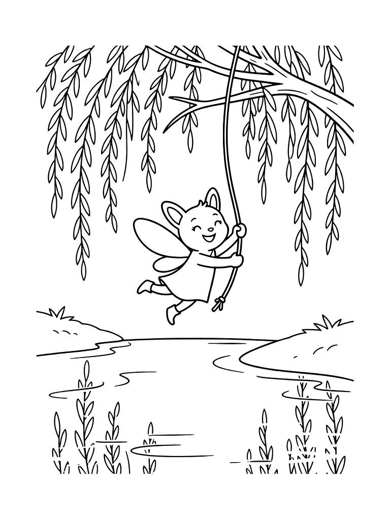 Tiny Fairy Swinging On A Vine Suspended From A Weeping Willow Branch Over A Mirror-like Forest Pond Coloring Page