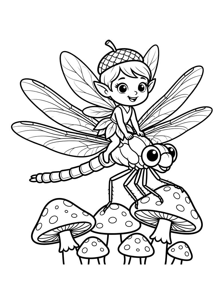 Tiny Fairy Using A Large Dragonfly As A Steed To Fly Over A Cluster Of Red-capped Toadstools Coloring Page