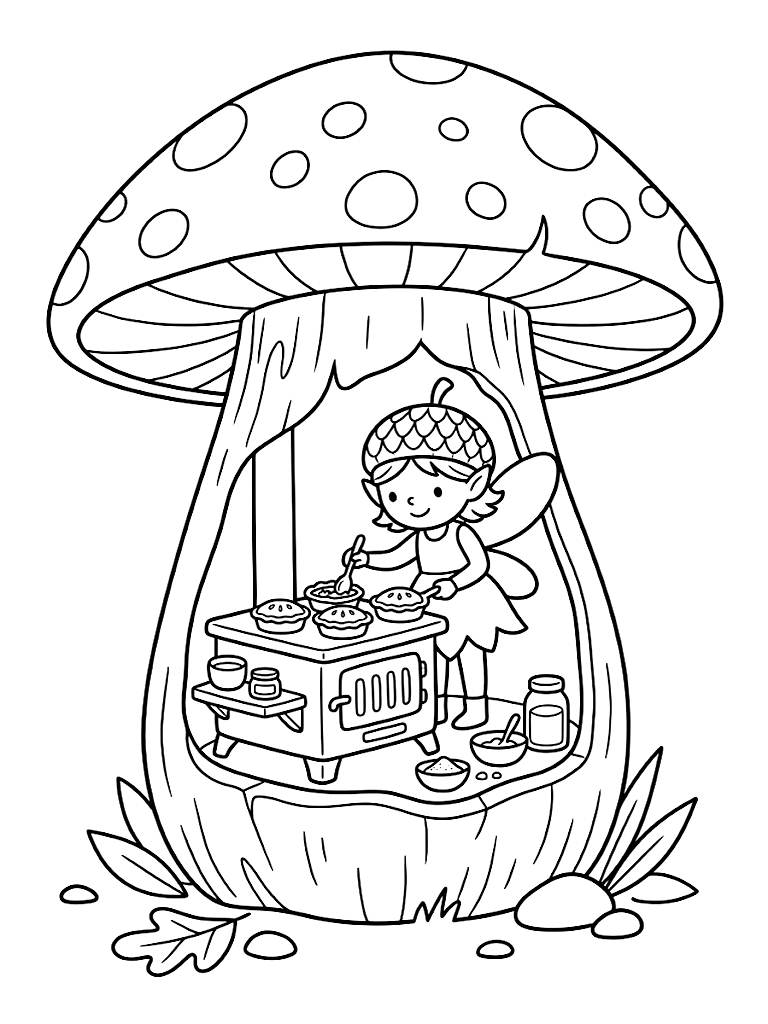Tiny Fairy Wearing An Acorn Cap Baking Miniature Berry Pies On A Woodstove Built Into The Stalk Of A Giant Spotted Toadstool Coloring Page