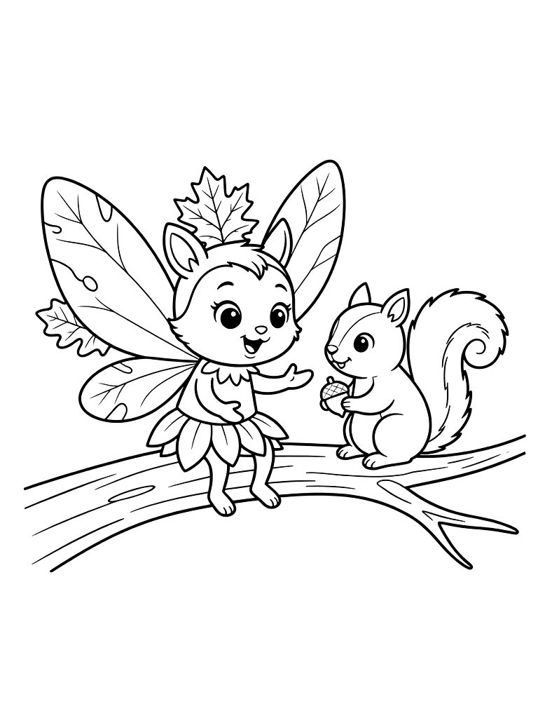 Tiny Fairy With Wings Made Of Autumn Leaves Sitting On A Branch And Talking To A Squirrel Coloring Page