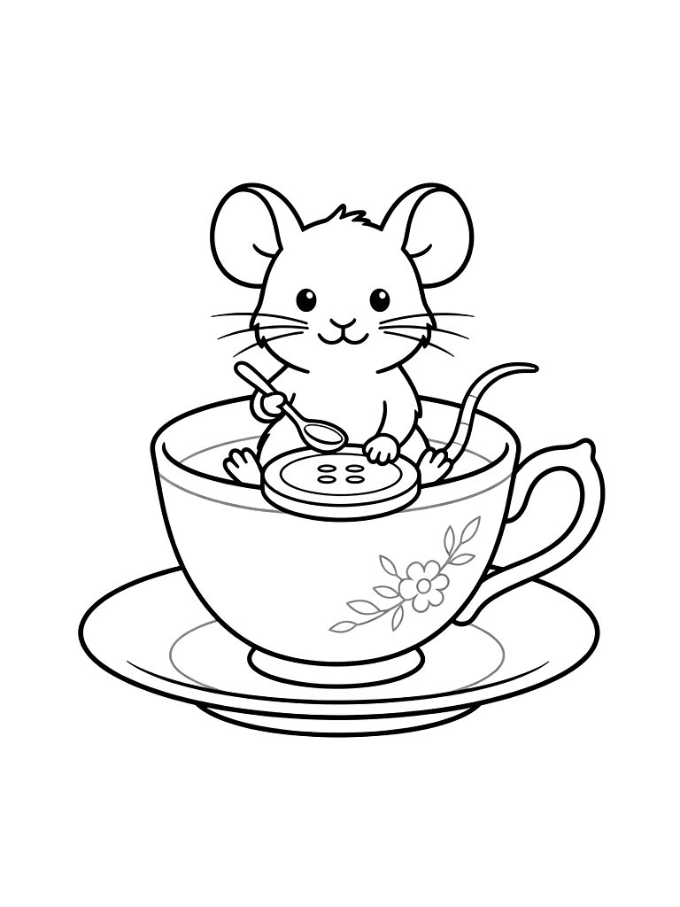 Tiny Field Mouse Living In A Vintage Teacup With A Button For A Table Coloring Page