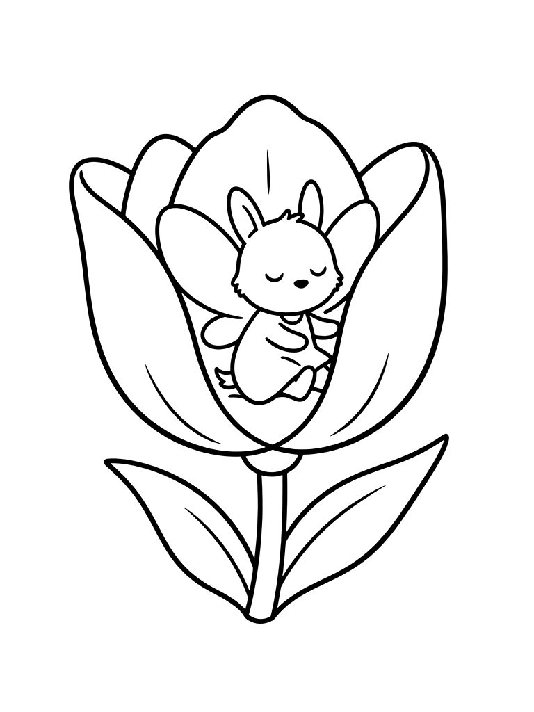Tiny Garden Fairy Sleeping Inside The Petals Of A Blooming Tulip Flower Coloring Page