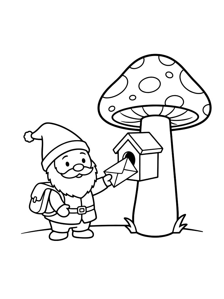 Tiny Gnome Postman Delivering A Letter To A Mailbox Shaped Like A Small Birdhouse Attached To A Tall Red Mushroom Coloring Page