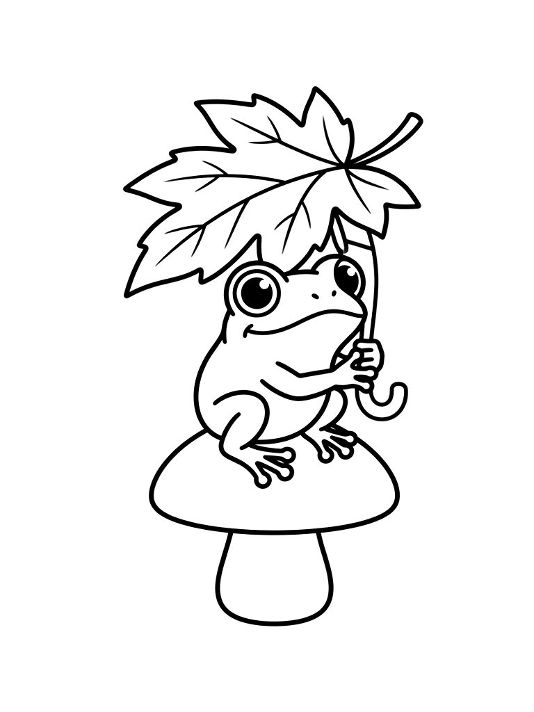 Tiny Tree Frog Sitting On A Mushroom Holding A Leaf As A Rain Umbrella Coloring Page