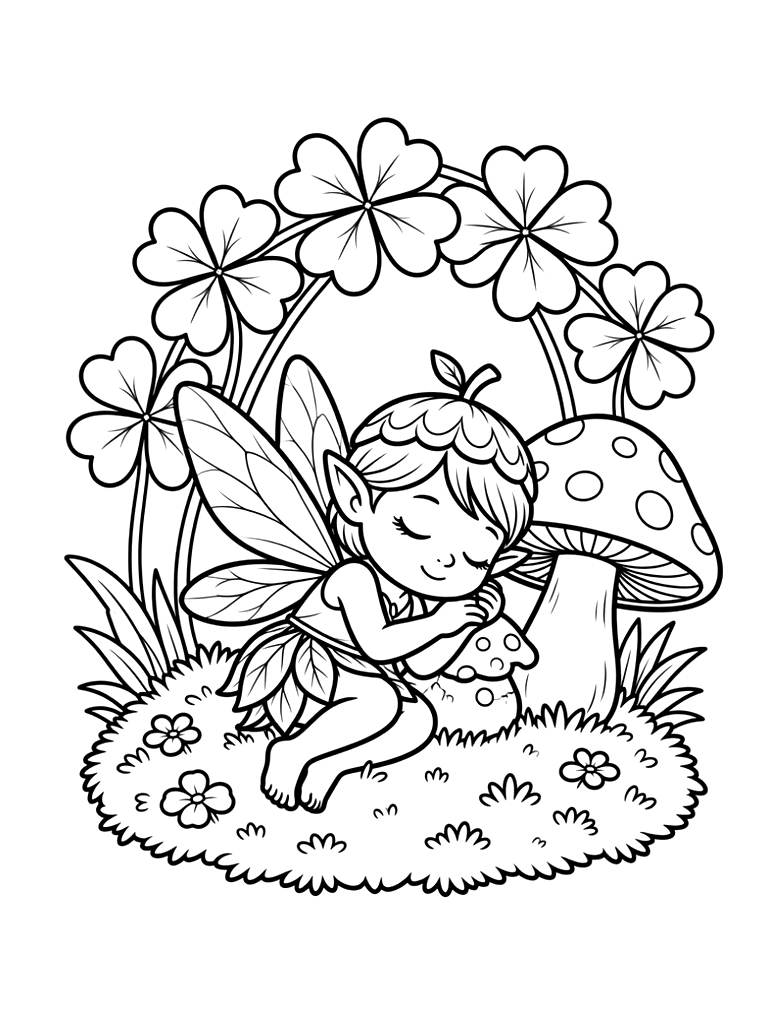Tiny Winged Fairy Asleep Curled Up On A Soft Bed Of Moss At The Base Of A Spotted Toadstool Under A Canopy Of Clover Leaves coloring page — free printable for kids and adults