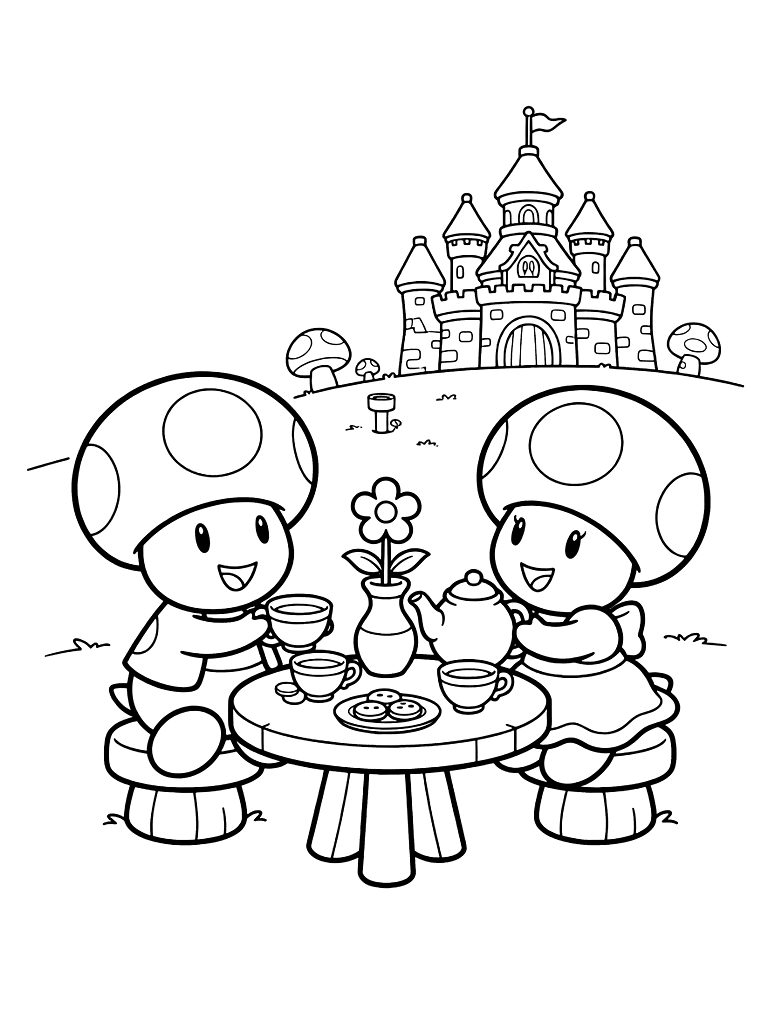 Toad And Toadette Having A Tea Party In The Mushroom Kingdom With A View Of Peach's Castle Coloring Page
