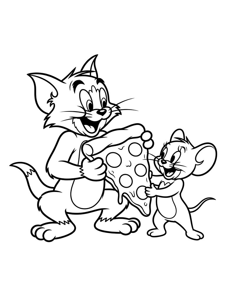 Tom And Jerry Sharing A Giant Slice Of Pepperoni Pizza Together Coloring Page