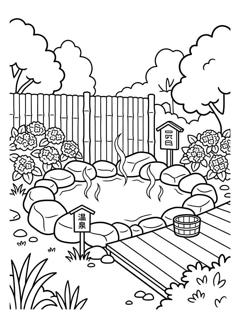 Traditional Japanese Outdoor Hot Spring Onsen Surrounded By Bamboo Fences Smooth River Stones And Early Summer Blooming Hydrangeas coloring page — free printable for kids and adults