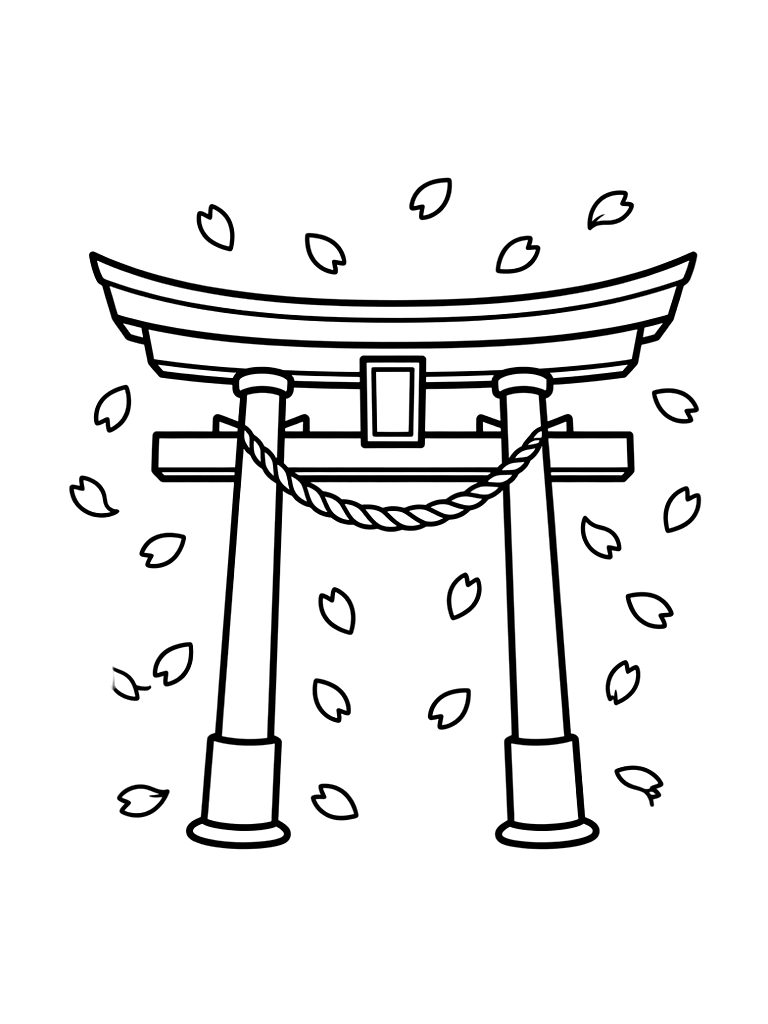 Traditional Japanese Shinto Shrine Gate Torii Surrounded By Falling Cherry Blossom Petals Coloring Page — free printable for kids and adults