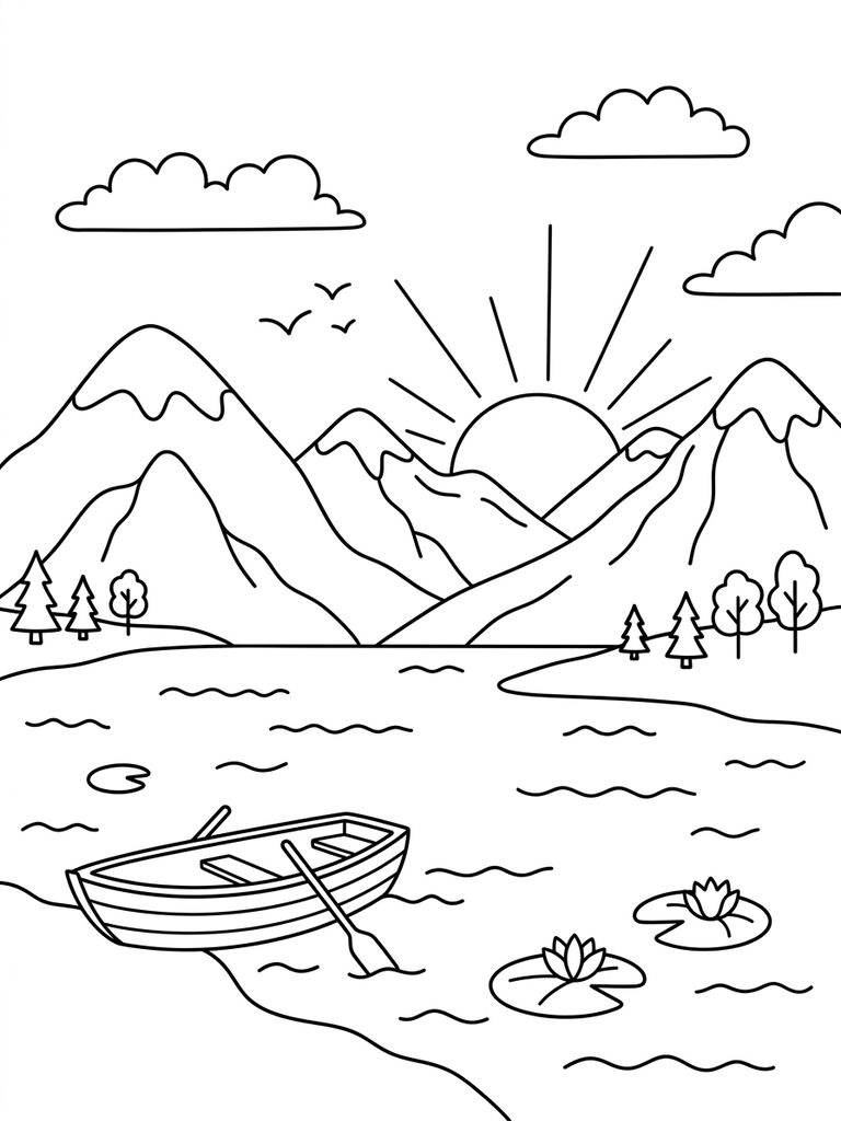 Tranquil Lake At Sunset With Mountains In Background Coloring Page