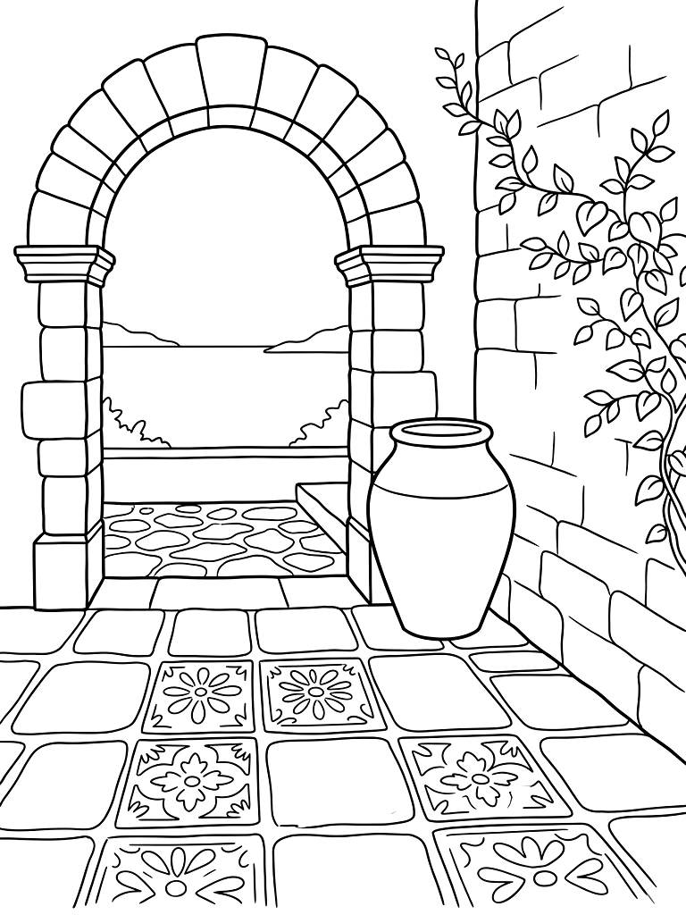 Tranquil Majorcan Stone Patio Featuring Intricate Painted Floor Tiles A Large Terracotta Olive Jar And An Arched View Of The Sea Coloring Page