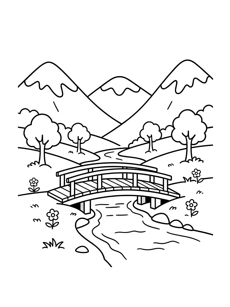 Tranquil Mountain Valley With A Small Wooden Bridge Crossing A Crystal Clear Stream Coloring Page