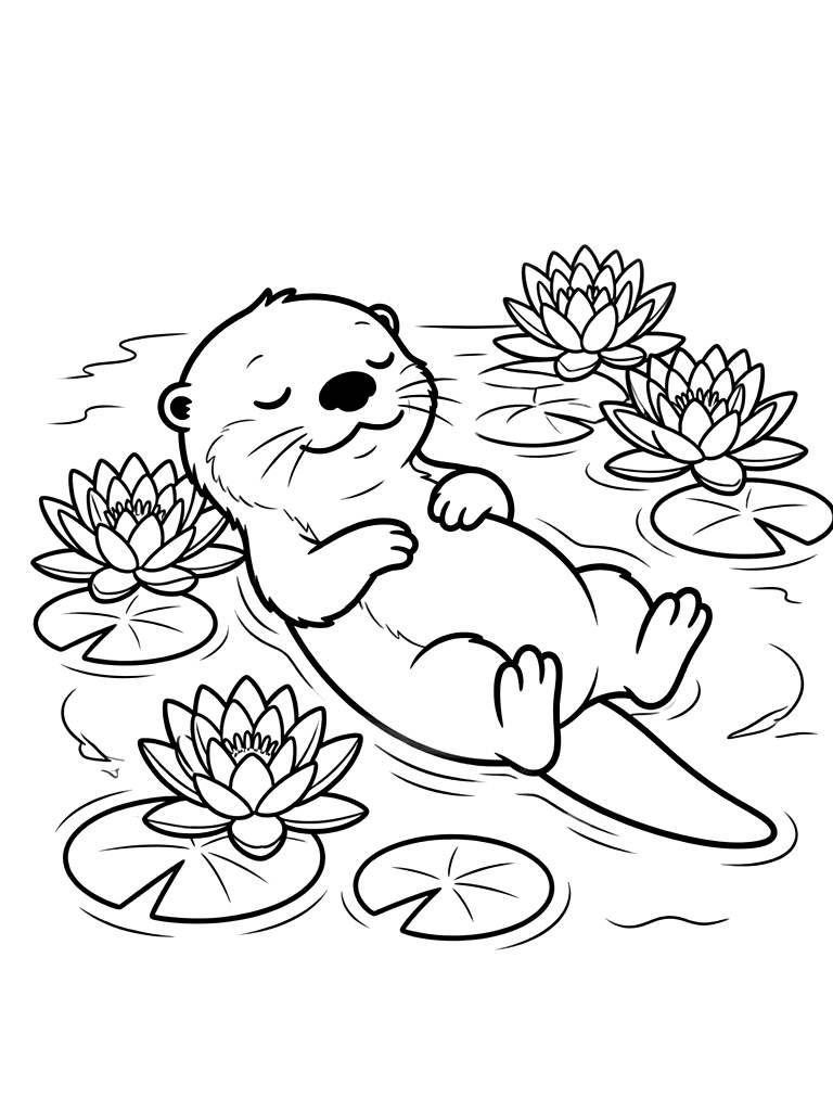 Tranquil Sleeping Otter Floating Peacefully On Its Back In A Calm Lake Covered In Blooming White Water Lilies coloring page — free printable for kids and adults