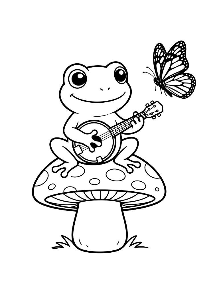 Tree Frog Sitting On A Mushroom Playing A Tiny Banjo For A Monarch Butterfly Coloring Page