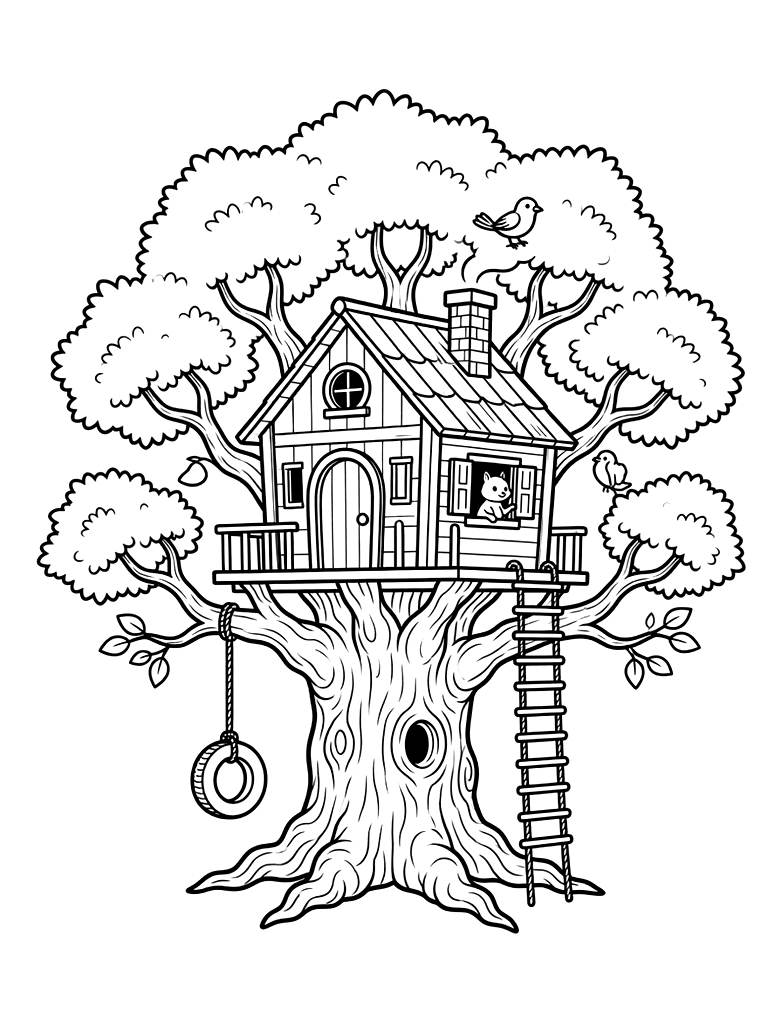 Treehouse In Giant Oak Coloring Page
