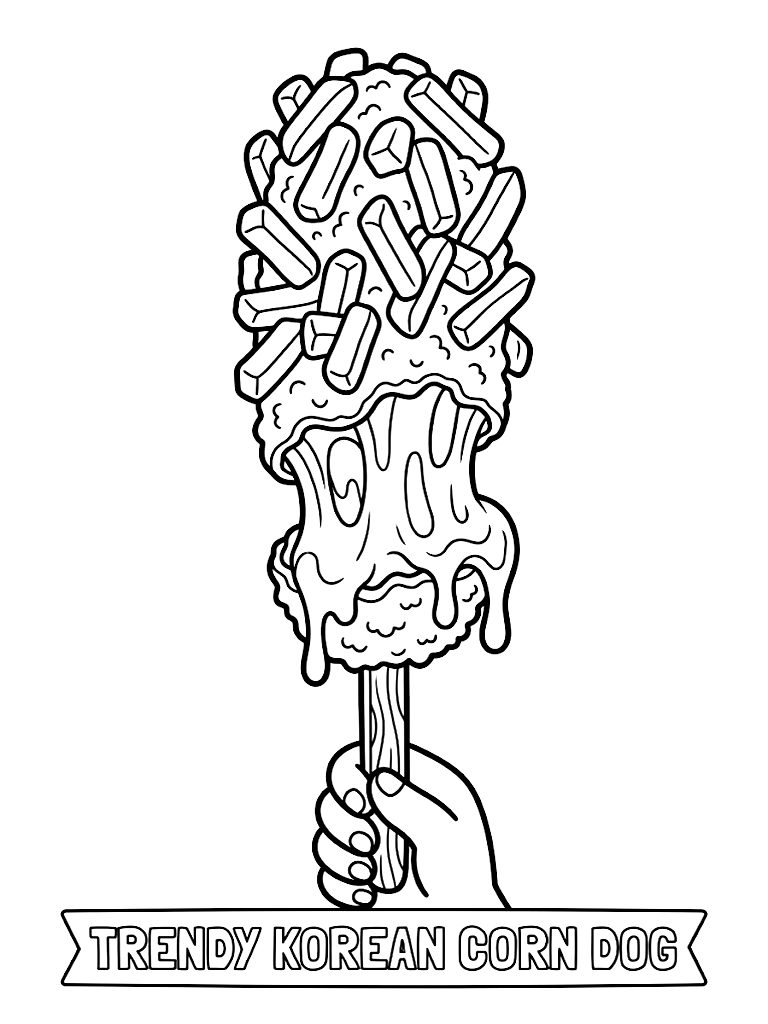 Trendy Crispy Korean Street Food Corn Dog Half Coated In French Fries And Half Oozing With Melted Mozzarella Cheese On A Stick coloring page — free printable for kids and adults