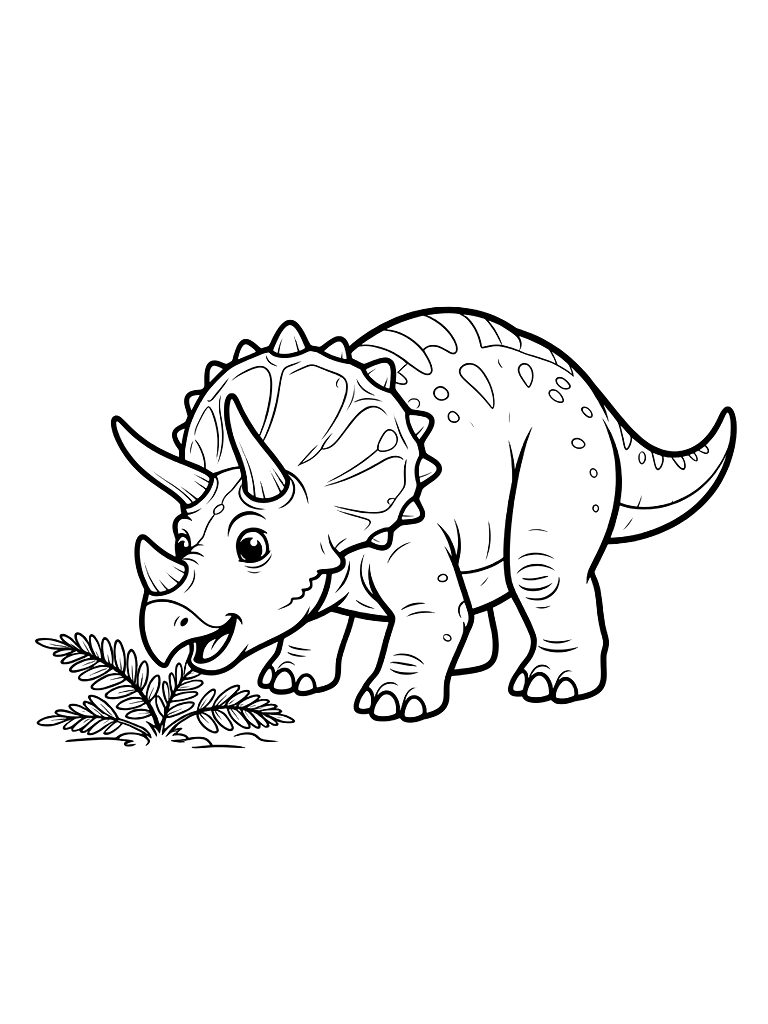 Triceratops Grazing On Ferns In A Prehistoric Jungle Landscape Coloring Page